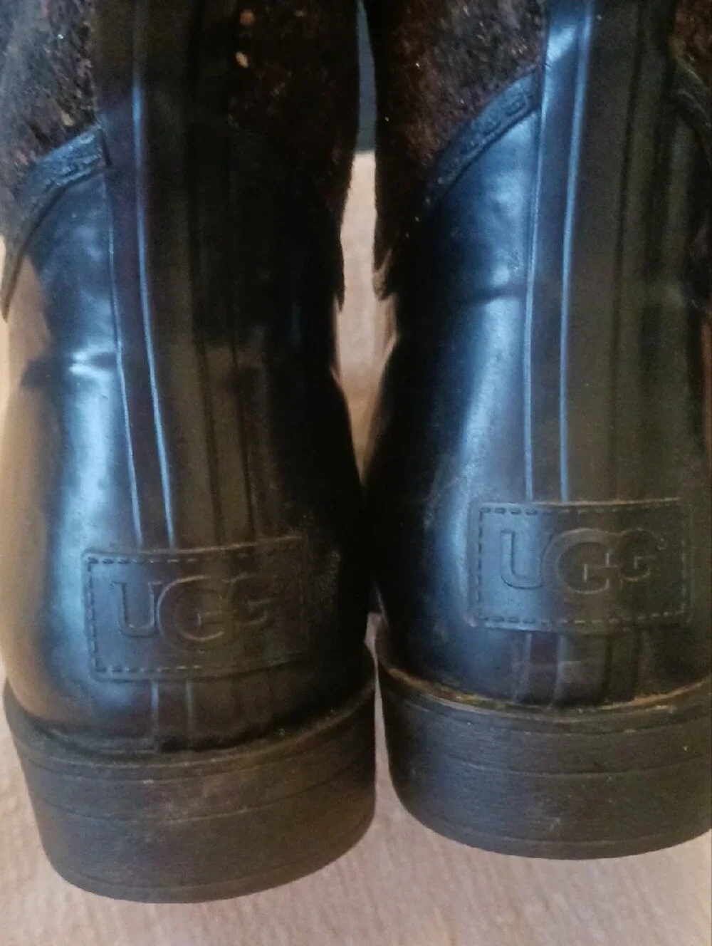 UGG Black Leather and Wool Tall Winter Rain Boots